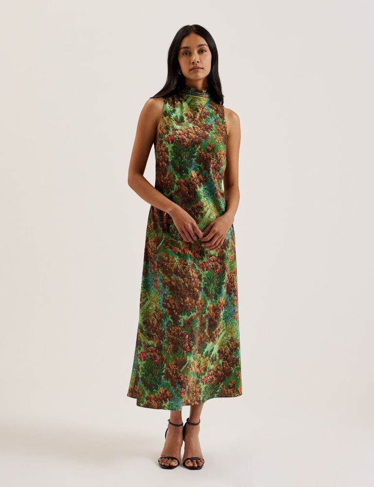 Ted Baker Eyva - Printed High Neck Satin Midi Slip Dress Vert | 187625-AUY