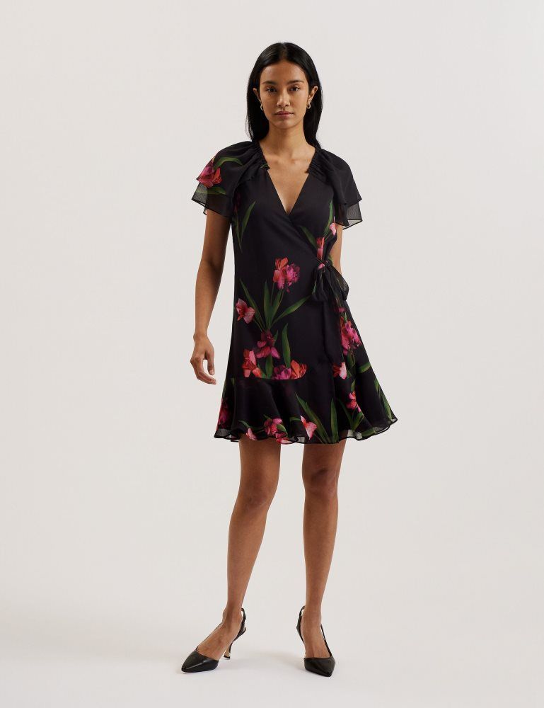 Ted Baker Fasnia - Floral Angel Sleeve Wrap Mini Dress Noir | 637592-FXB