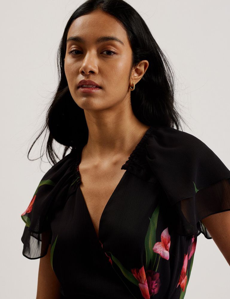 Ted Baker Fasnia - Floral Angel Sleeve Wrap Mini Dress Noir | 637592-FXB