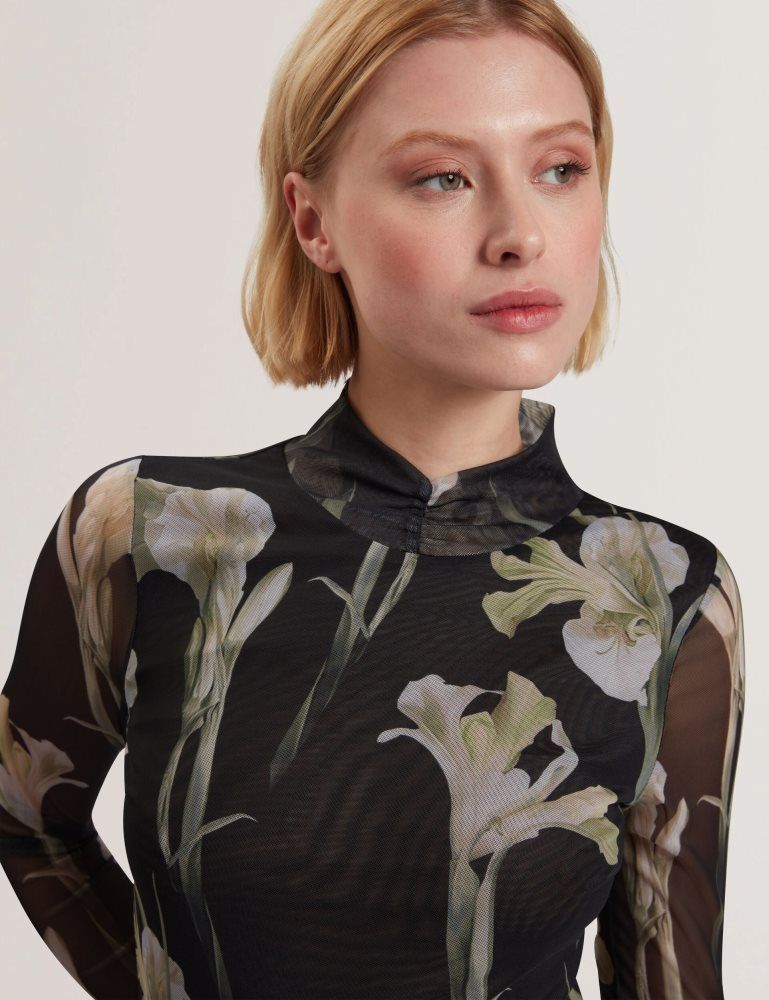 Ted Baker Fiaahh - Floral Print High Neck Sheer Mesh Top Noir | 152467-ANY
