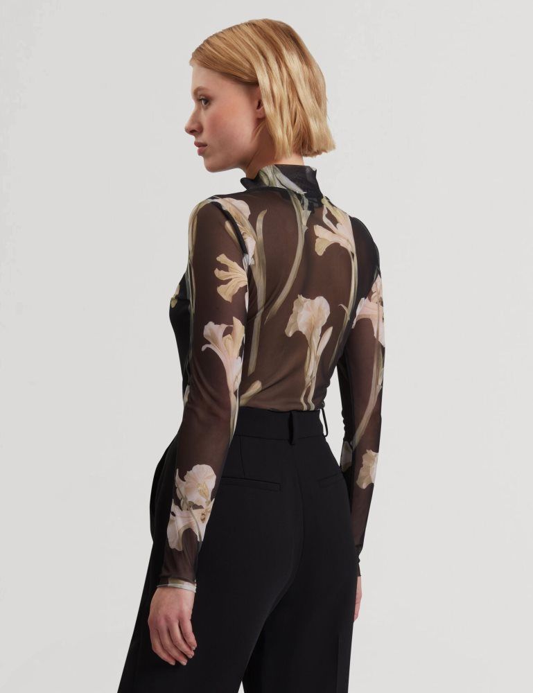 Ted Baker Fiaahh - Floral Print High Neck Sheer Mesh Top Noir | 152467-ANY