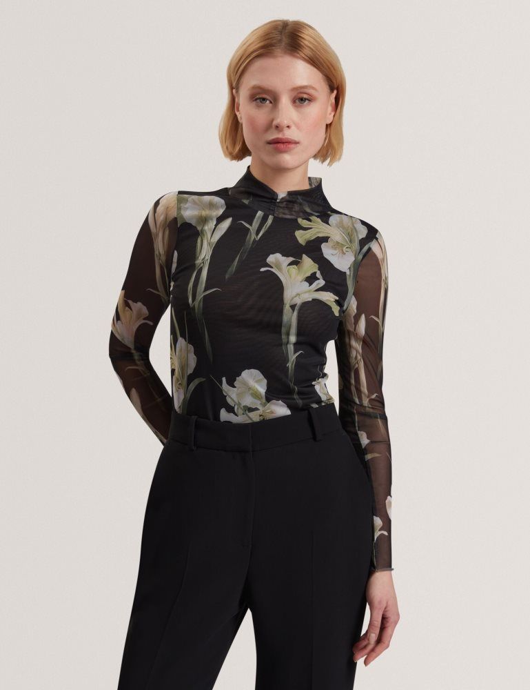 Ted Baker Fiaahh - Floral Print High Neck Sheer Mesh Top Noir | 152467-ANY