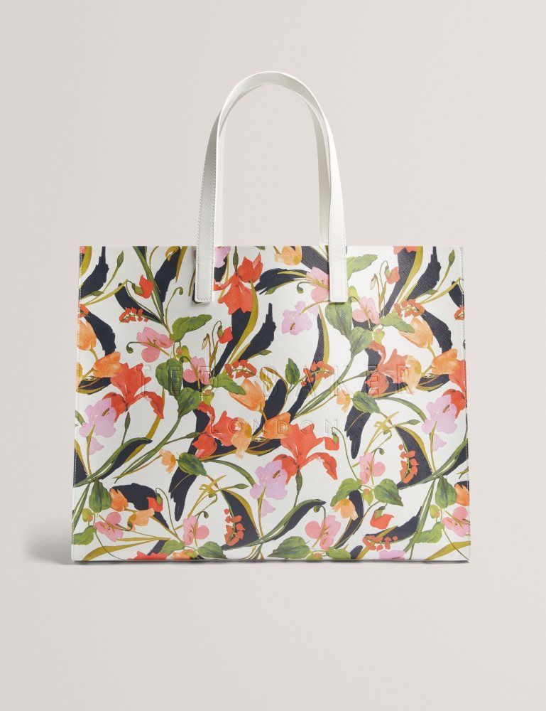 Ted Baker Florish - Floral Print Pu Leather Wide Icon Tote Bag Blanche | 354726-XRB