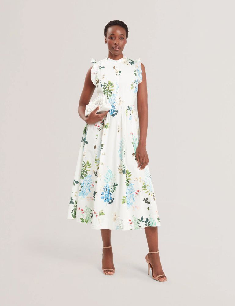 Ted Baker Giolia - Sleeveless Floral Cotton A-line Midi Dress Blanche | 104238-MPV