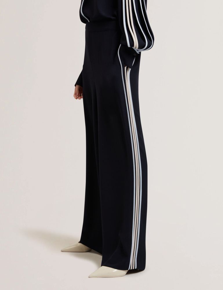 Ted Baker Gorjja - Piping Detail Wide Leg Crepe Trousers Bleu Marine | 628745-RBA