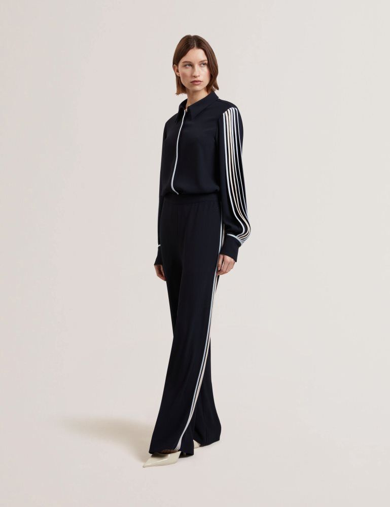 Ted Baker Gorjja - Piping Detail Wide Leg Crepe Trousers Bleu Marine | 628745-RBA