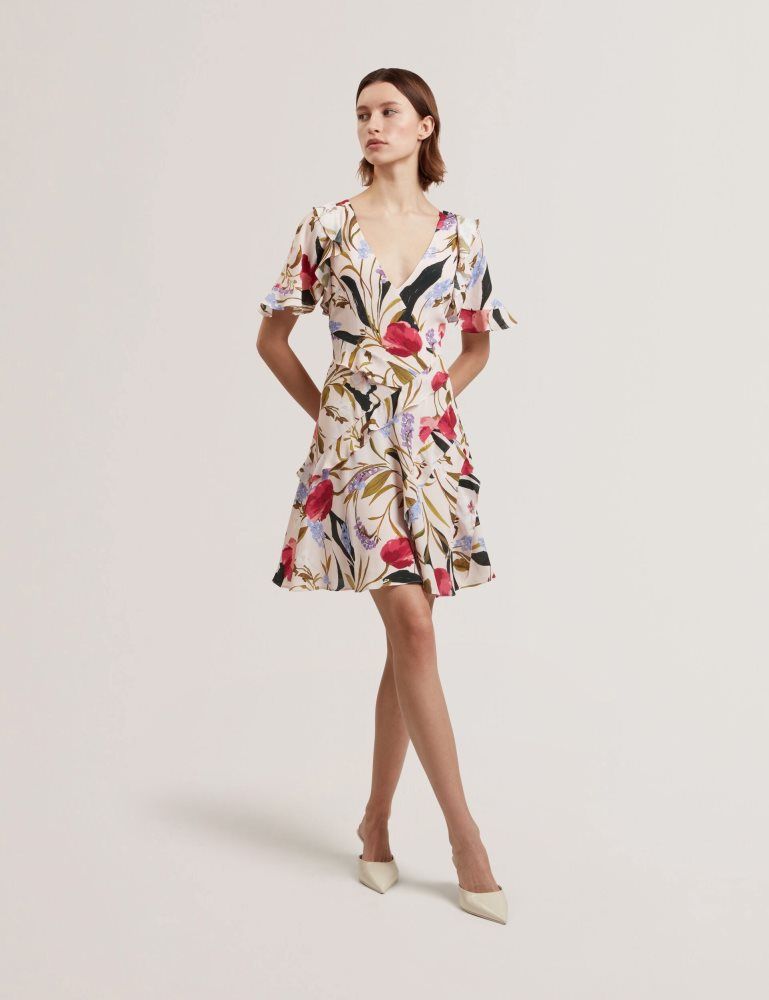Ted Baker Issiia - Frill Trim Floral Short Sleeve Mini Dress Rose | 284195-TRP