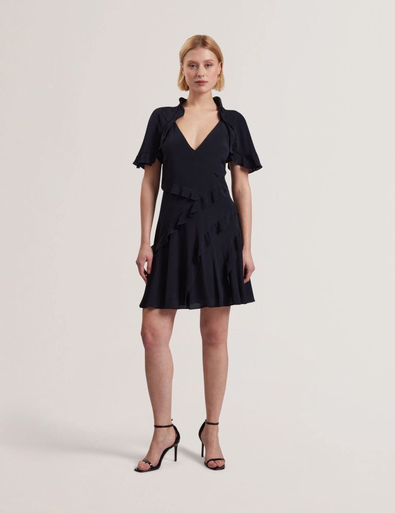 Ted Baker Jojii - Frill Trim Angel Sleeve Mini Dress Bleu Marine | 186029-YHI