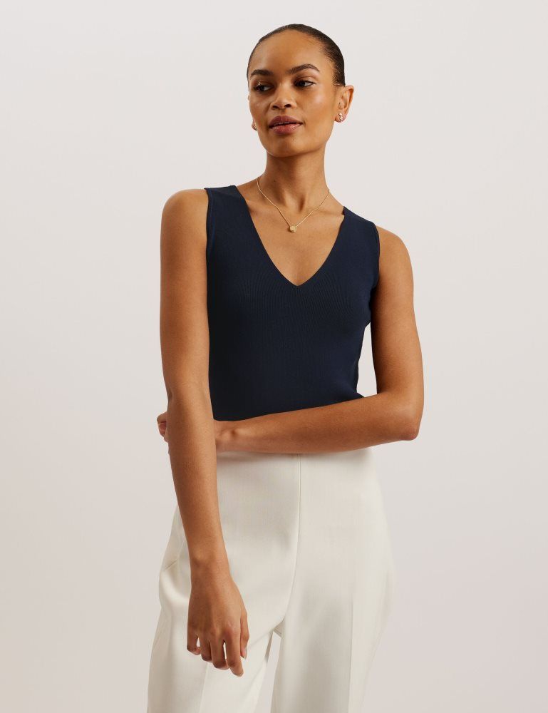 Ted Baker Josiiy - V-neck Slim Fit Sleeveless Knit Top Bleu Marine | 960842-ZTO