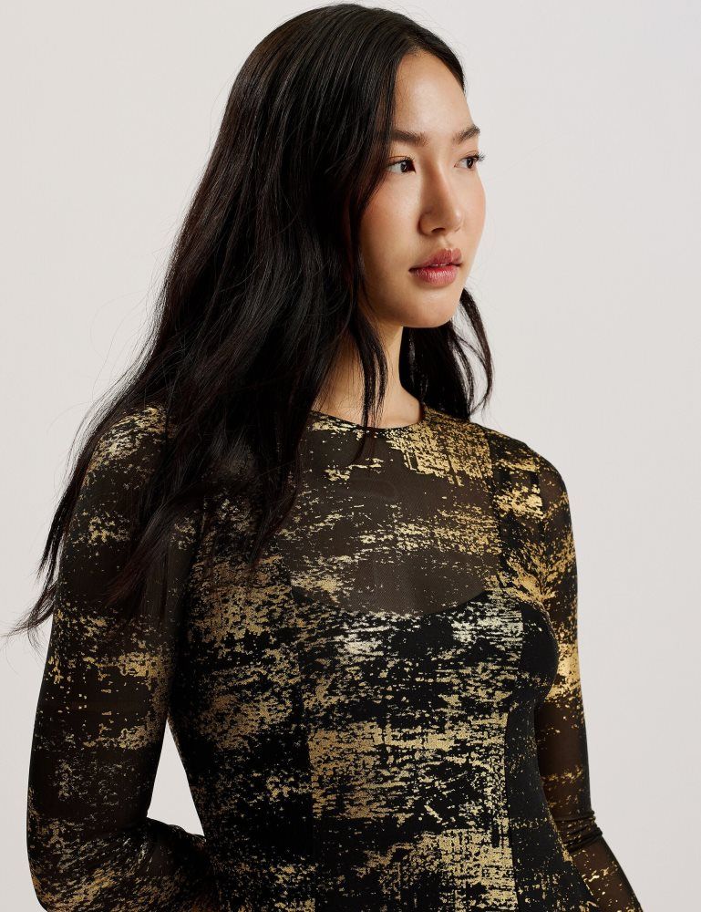 Ted Baker Junhaa - Foil Print Long Sleeve Mesh Midi Dress Noir | 682390-OCI