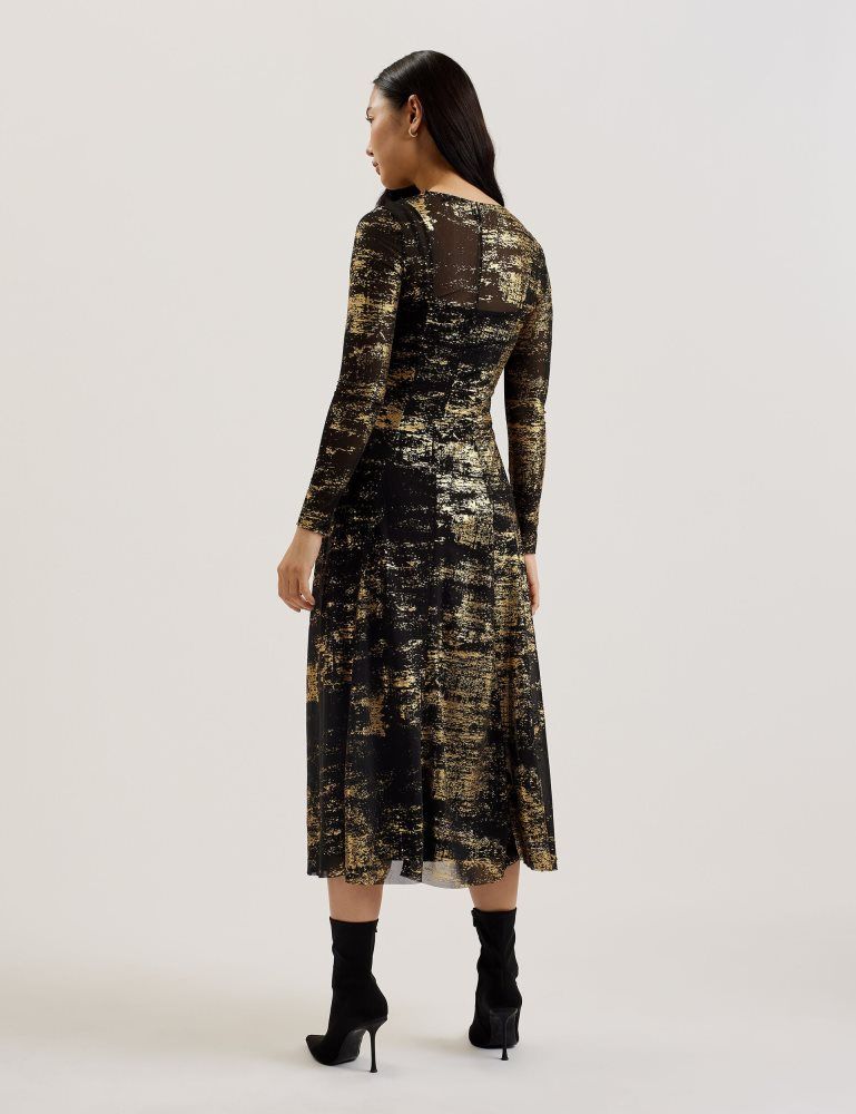 Ted Baker Junhaa - Foil Print Long Sleeve Mesh Midi Dress Noir | 682390-OCI