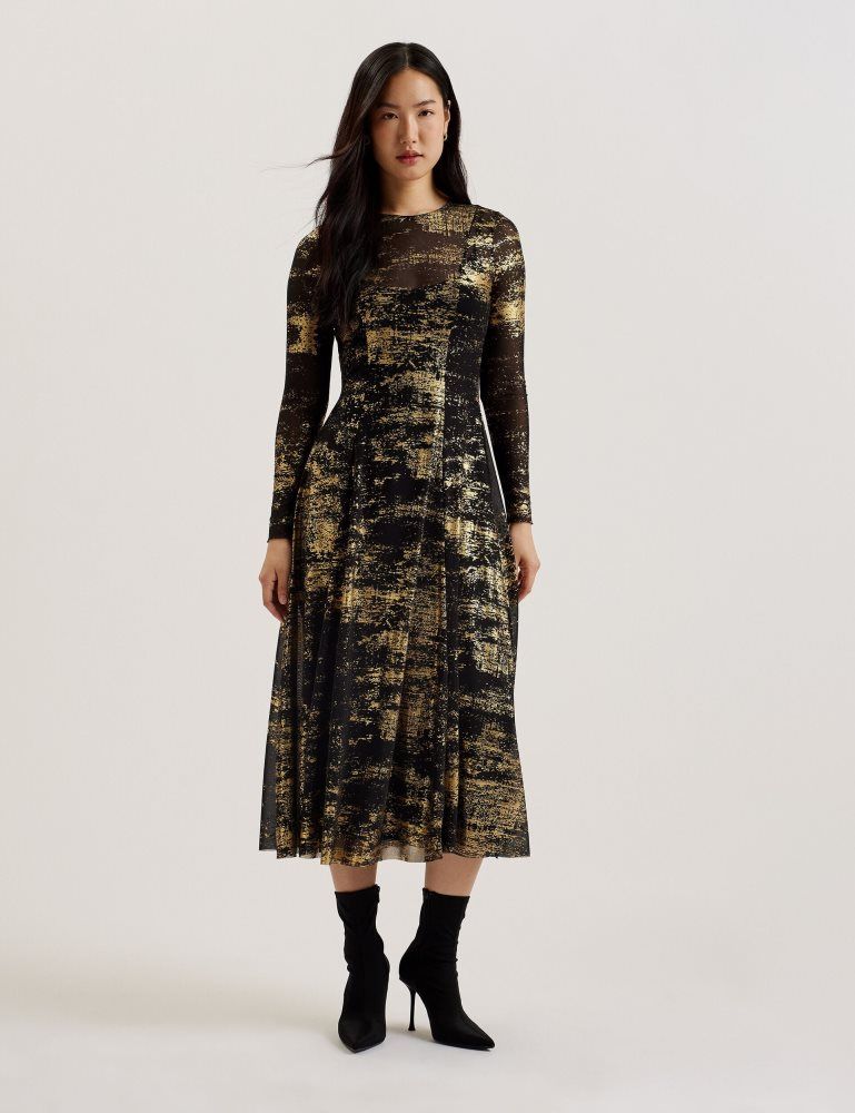Ted Baker Junhaa - Foil Print Long Sleeve Mesh Midi Dress Noir | 682390-OCI