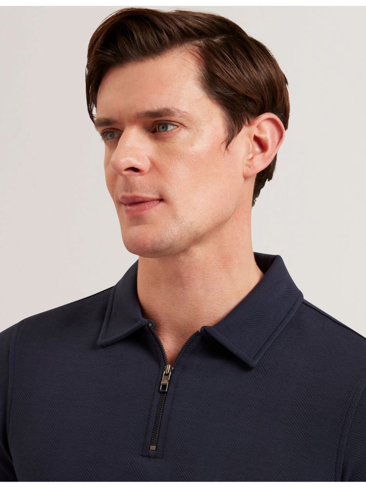 Ted Baker Kalend - Herringbone Zip Neck Long Sleeve Polo Bleu Marine | 237451-NZL