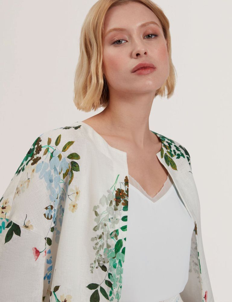 Ted Baker Kalna - Linen Floral Print Cropped Open Jacket Blanche | 084561-VAT