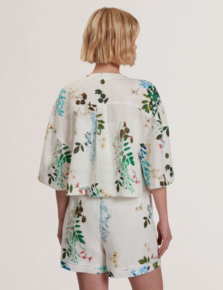 Ted Baker Kalna - Linen Floral Print Cropped Open Jacket Blanche | 084561-VAT