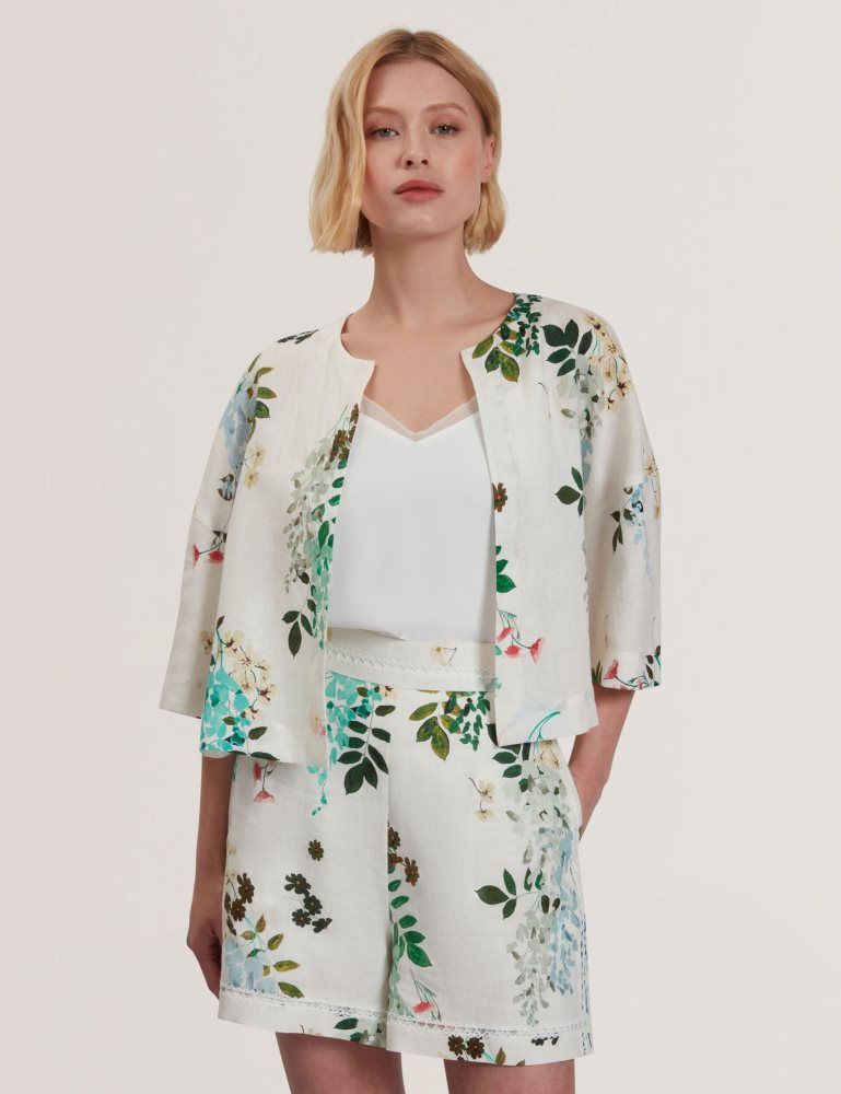 Ted Baker Kalna - Linen Floral Print Cropped Open Jacket Blanche | 084561-VAT