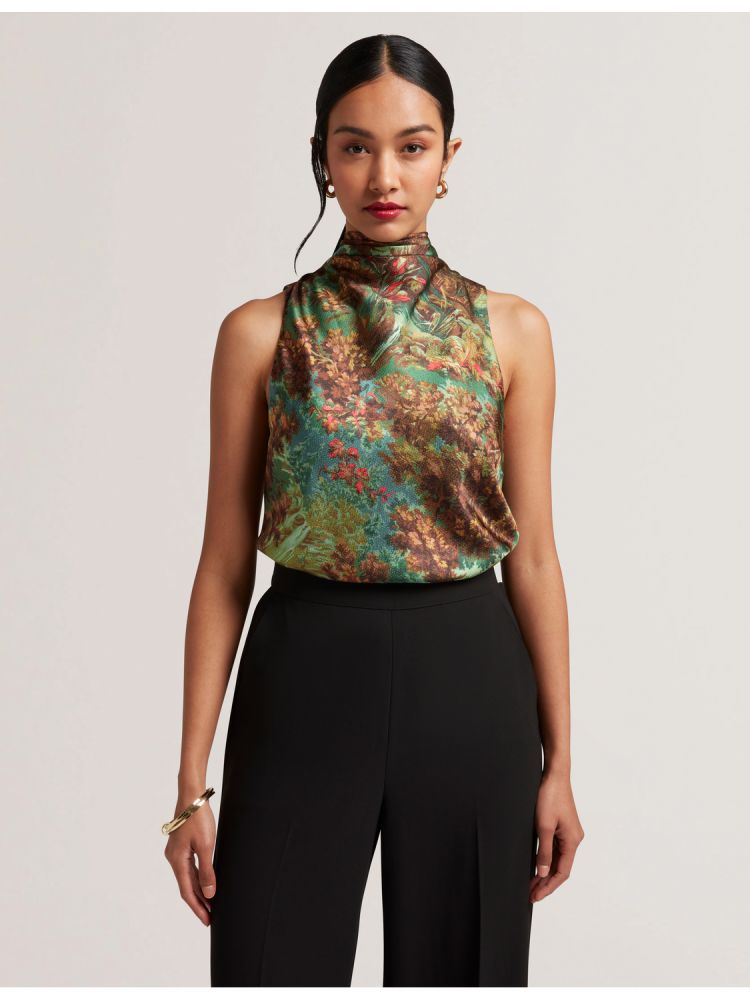Ted Baker Kalnaa - Printed Satin High Neck Sleeveless Top Vert | 796402-AJN