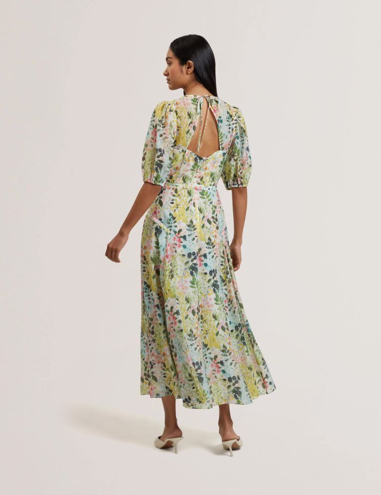 Ted Baker Kandea - Floral Puff Sleeve A-line Midi Dress Blanche | 541623-UMX