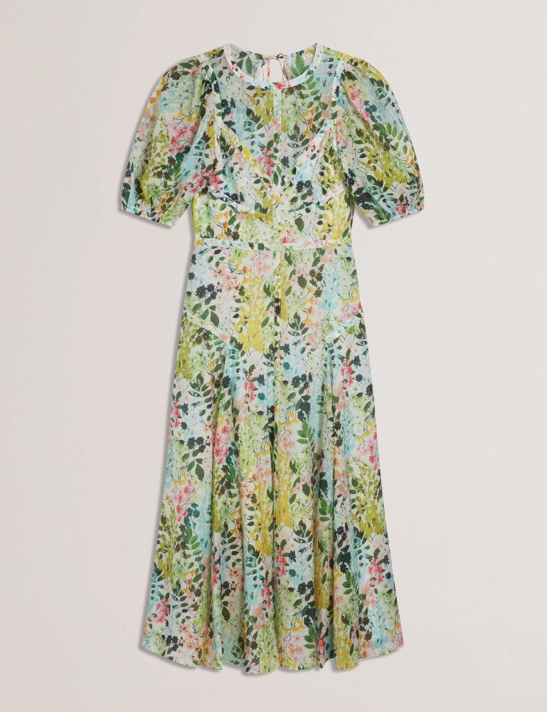 Ted Baker Kandea - Floral Puff Sleeve A-line Midi Dress Blanche | 541623-UMX