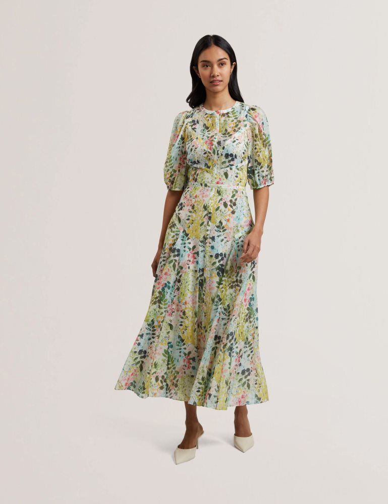 Ted Baker Kandea - Floral Puff Sleeve A-line Midi Dress Blanche | 541623-UMX
