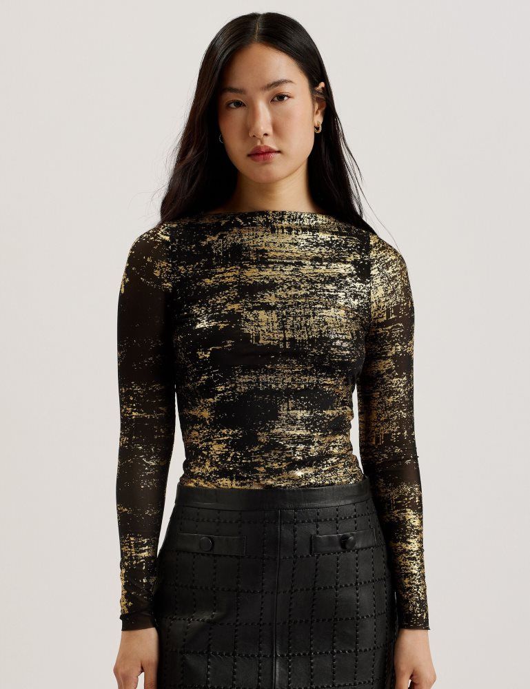Ted Baker Karenha - Foil Printed Slash Neck Mesh Top Noir | 852734-WHX