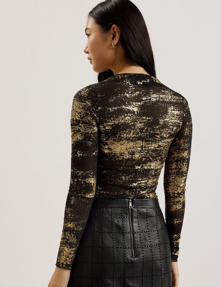 Ted Baker Karenha - Foil Printed Slash Neck Mesh Top Noir | 852734-WHX