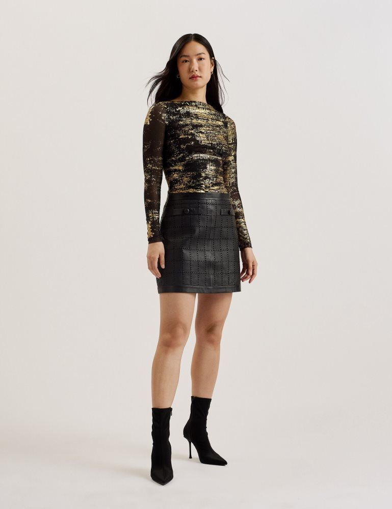 Ted Baker Karenha - Foil Printed Slash Neck Mesh Top Noir | 852734-WHX