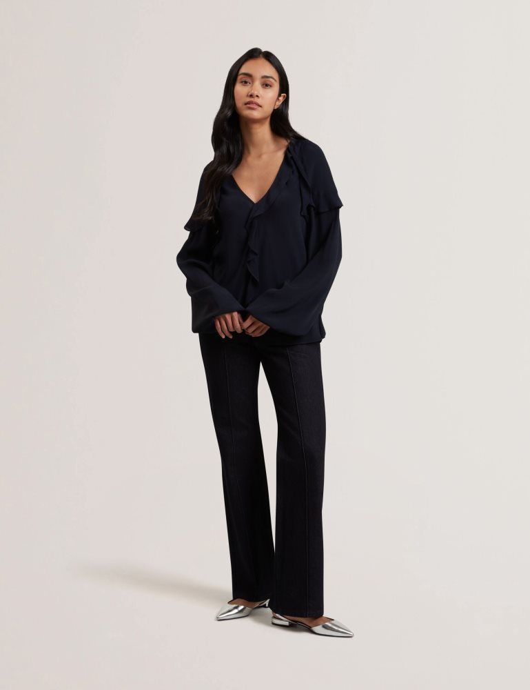 Ted Baker Kayfa - Waterfall Ruffle Trim Long Sleeve Blouse Bleu Marine | 943257-HPT