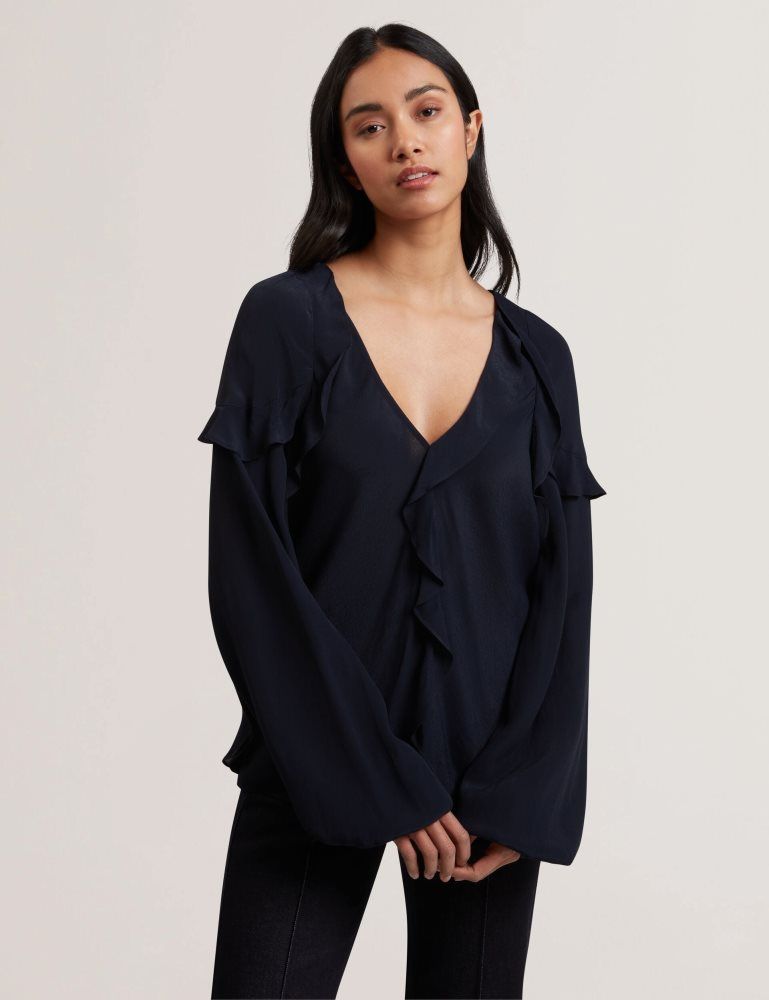 Ted Baker Kayfa - Waterfall Ruffle Trim Long Sleeve Blouse Bleu Marine | 943257-HPT