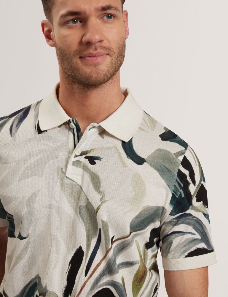 Ted Baker Kivem - Short Sleeve Cotton Floral Print Polo Ecru | 017526-HDJ