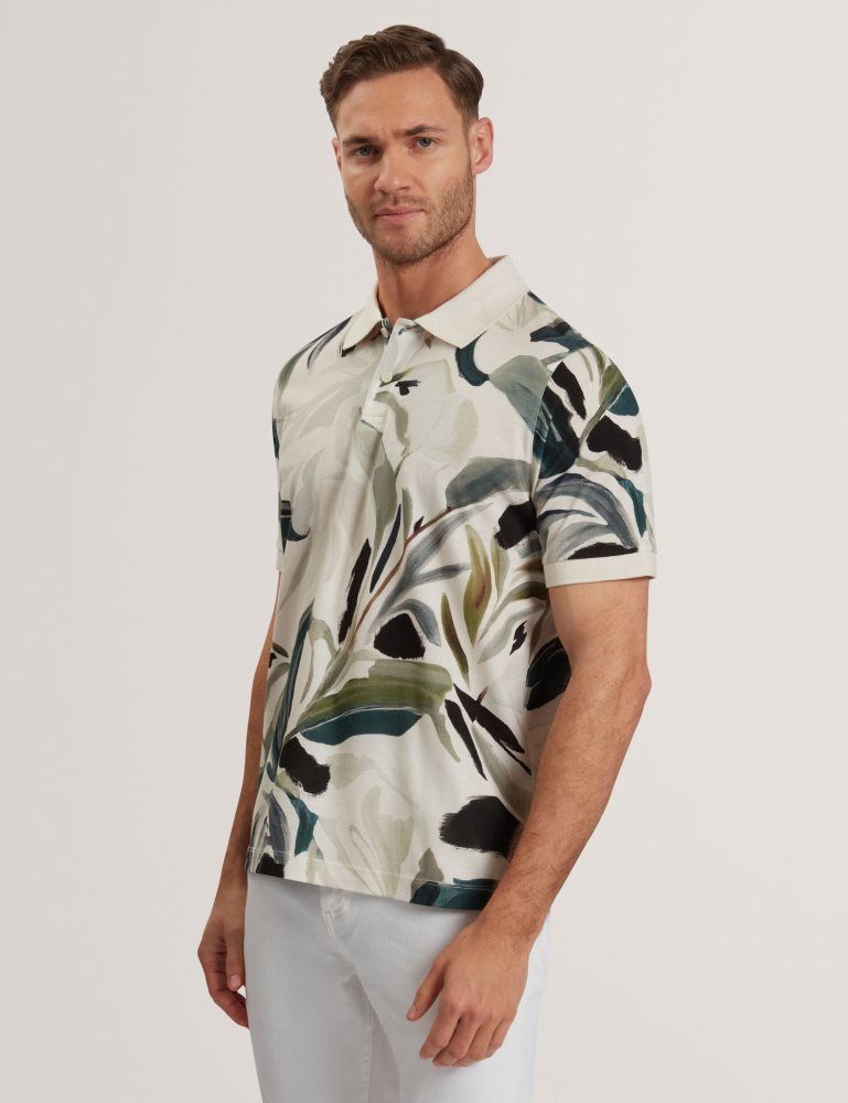 Ted Baker Kivem - Short Sleeve Cotton Floral Print Polo Ecru | 017526-HDJ