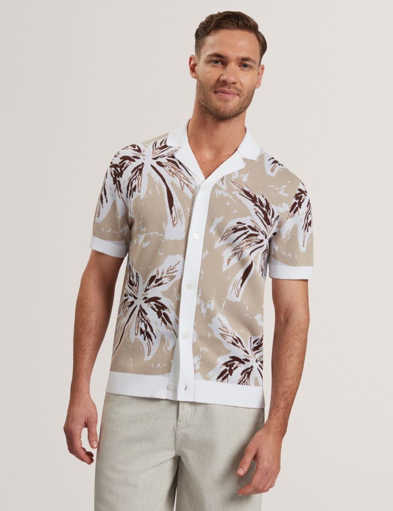 Ted Baker Kyes - Leaf Print Knitted Short Sleeve Shirt Grise Marron | 693475-ERU