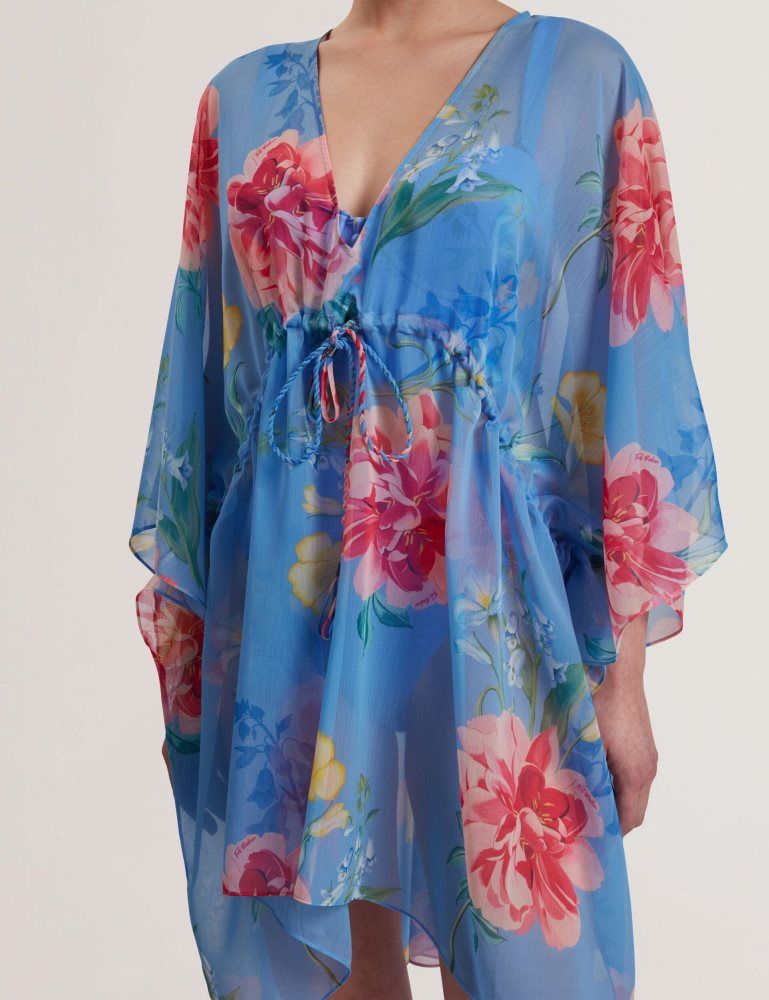 Ted Baker Larja - Floral Print Chiffon Mini Beach Kaftan Bleu | 284013-HPM