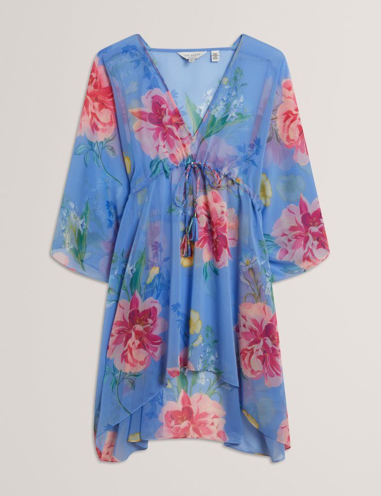 Ted Baker Larja - Floral Print Chiffon Mini Beach Kaftan Bleu | 284013-HPM