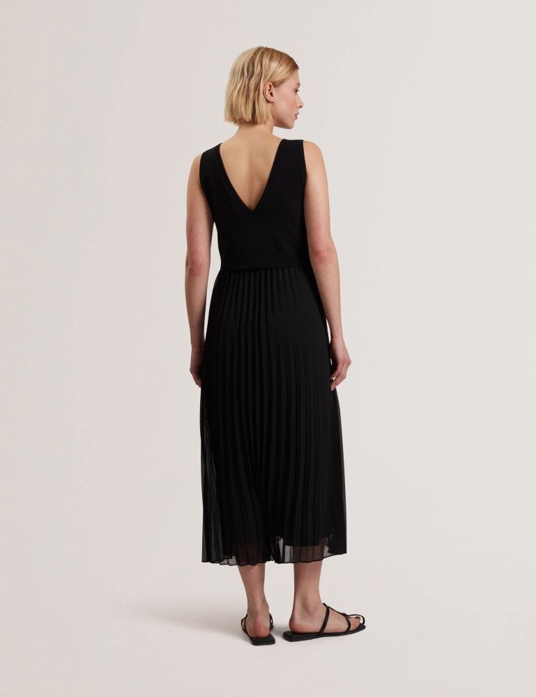 Ted Baker Larnahh - Pleated Midi Dress With Removable Knit Tank Noir | 589217-LNW