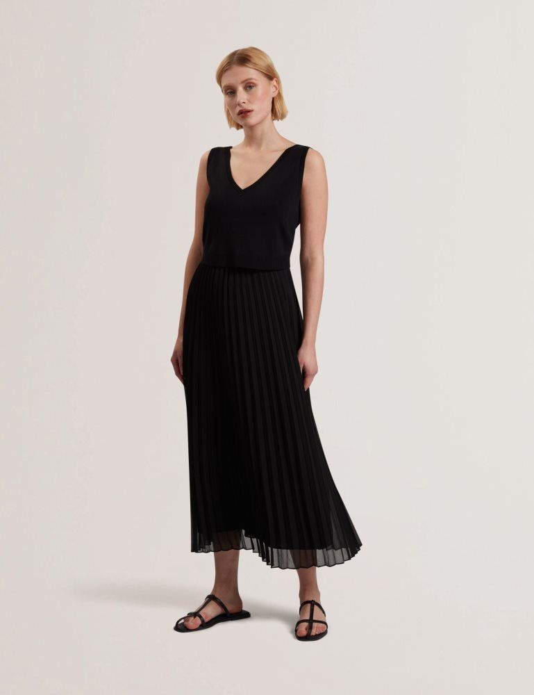 Ted Baker Larnahh - Pleated Midi Dress With Removable Knit Tank Noir | 589217-LNW
