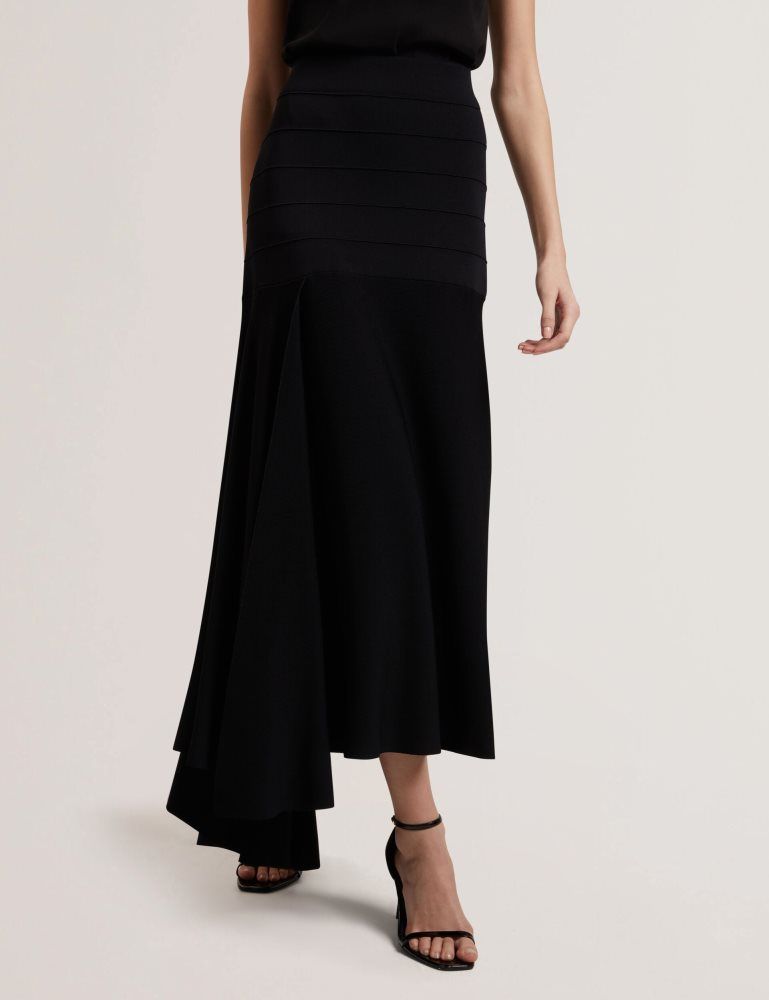 Ted Baker Laurrie - Asymmetric Waterfall Hem Knitted Midi Skirt Noir | 294183-TFQ