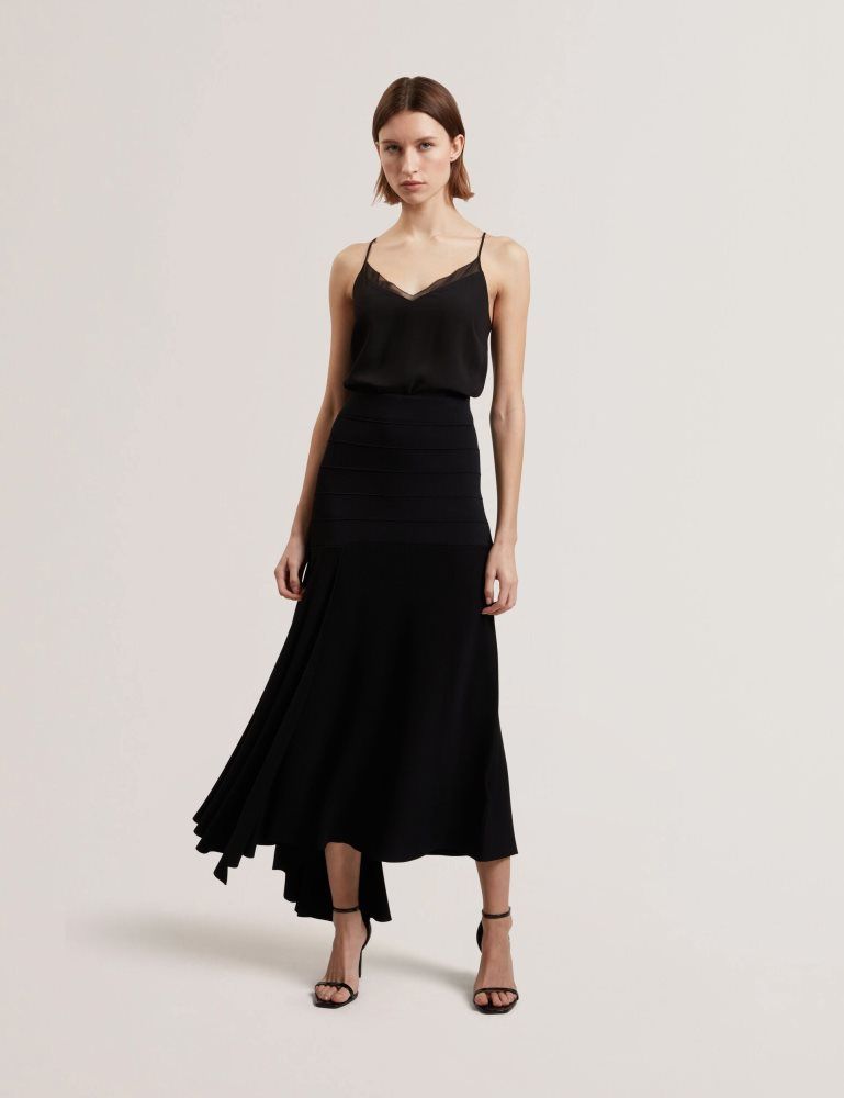 Ted Baker Laurrie - Asymmetric Waterfall Hem Knitted Midi Skirt Noir | 294183-TFQ