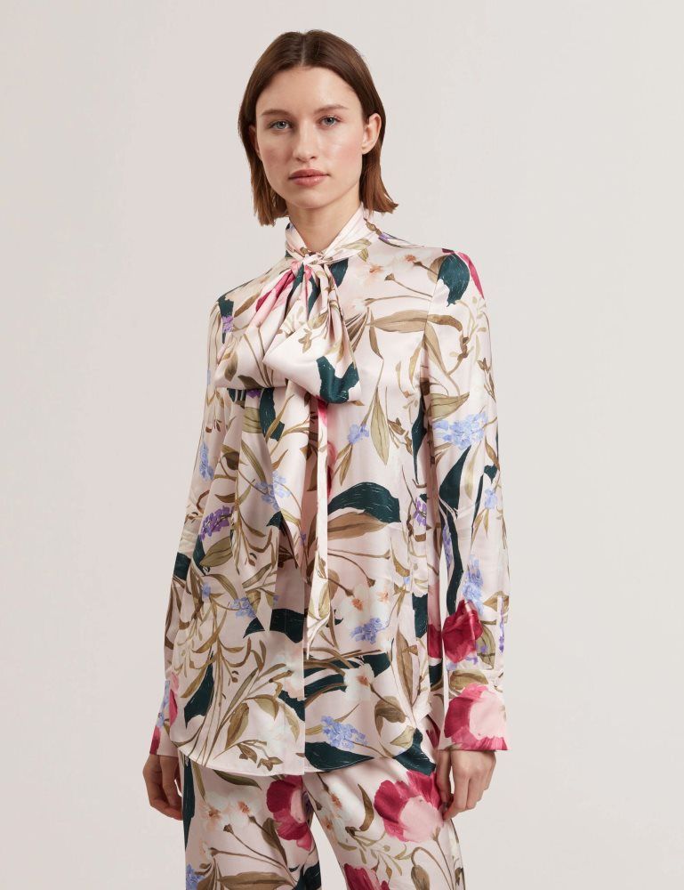 Ted Baker Leeyaa - Floral Print Tie Neck Longline Blouse Rose | 986321-OFY