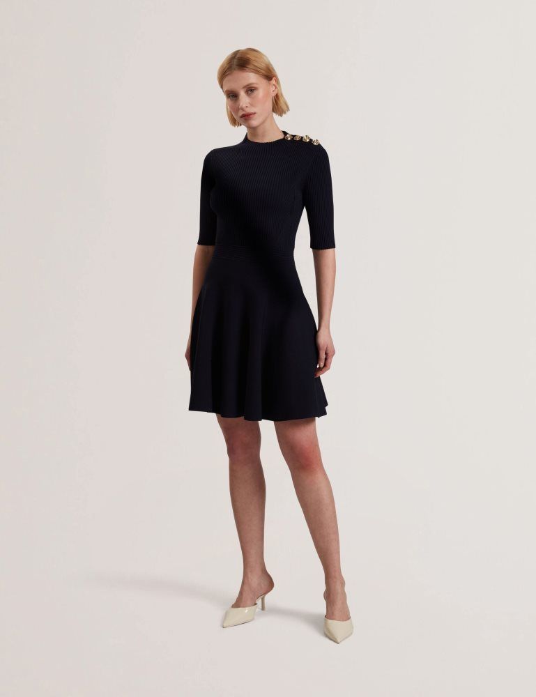 Ted Baker Lilano - Ribbed Knit Skater Dress With Rose Buttons Bleu Marine | 658243-UDA