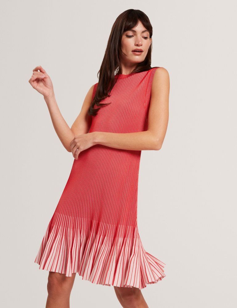 Ted Baker Lilyo - Ribbed Knit Flippy Hem Mini Dress Rouge | 856792-ZHW