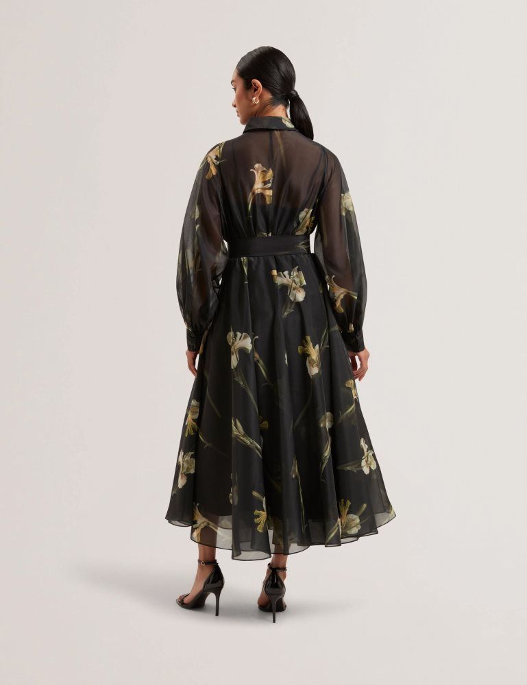 Ted Baker Liorra - Floral Organza Belted Midi Shirt Dress Noir | 715830-TEK