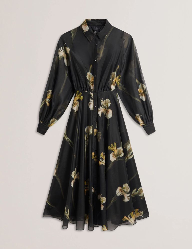 Ted Baker Liorra - Floral Organza Belted Midi Shirt Dress Noir | 715830-TEK