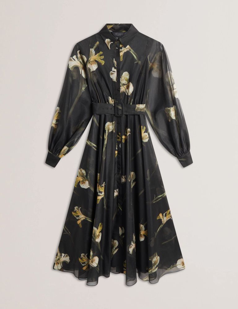 Ted Baker Liorral - Floral Organza Belted Maxi Shirt Dress Noir | 816350-UCG