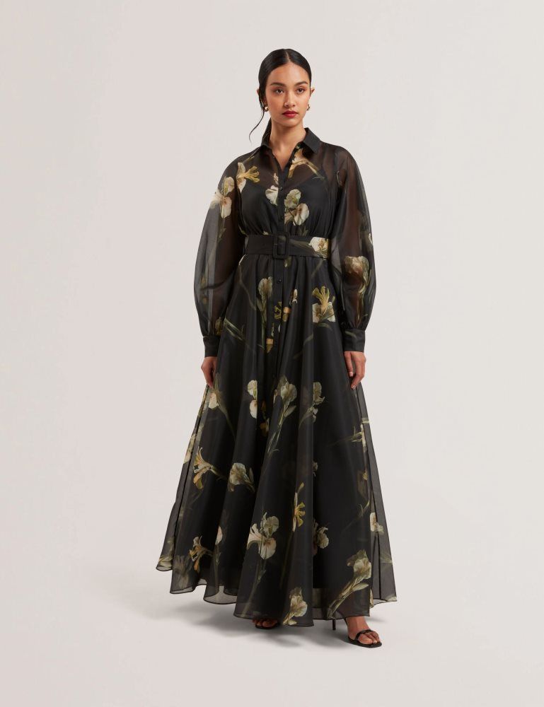 Ted Baker Liorral - Floral Organza Belted Maxi Shirt Dress Noir | 816350-UCG