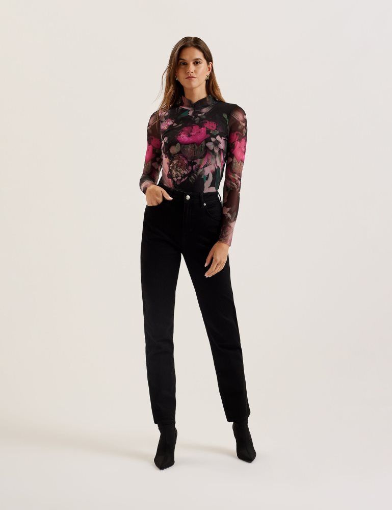 Ted Baker Lisanna - Printed High Neck Fitted Mesh Top Noir | 197802-JGM