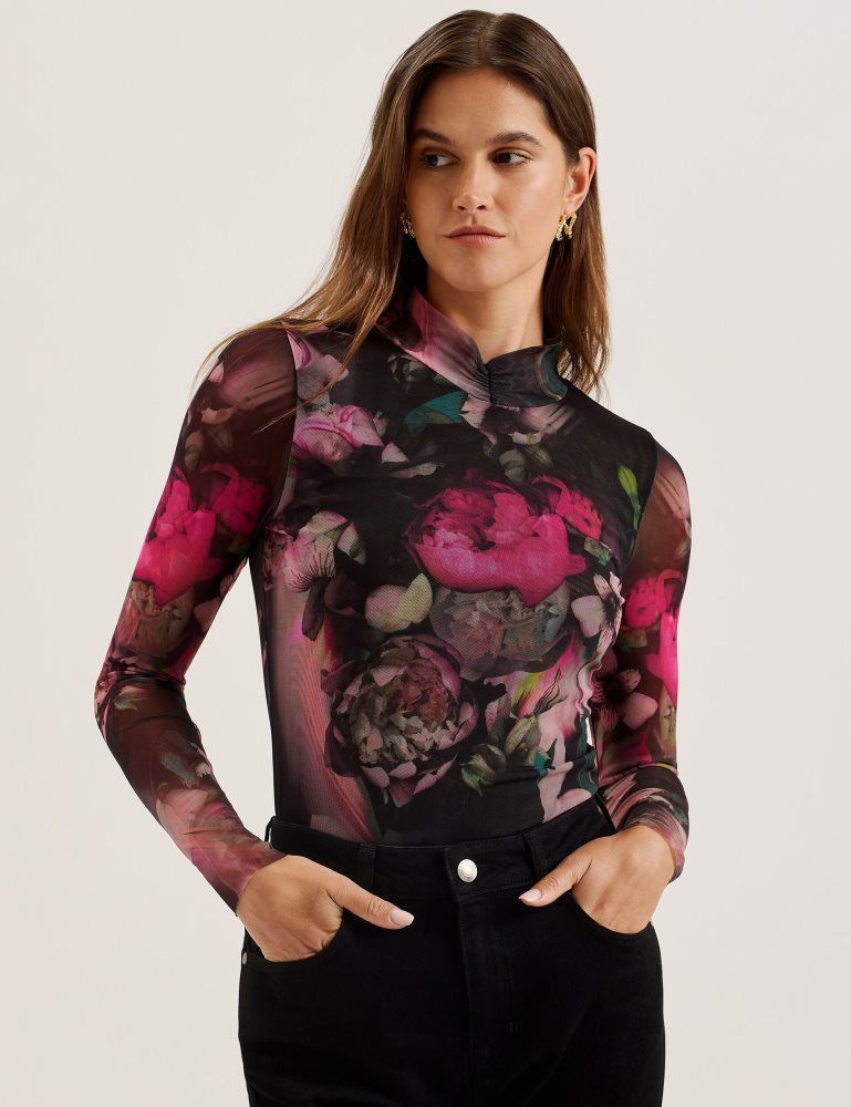 Ted Baker Lisanna - Printed High Neck Fitted Mesh Top Noir | 197802-JGM