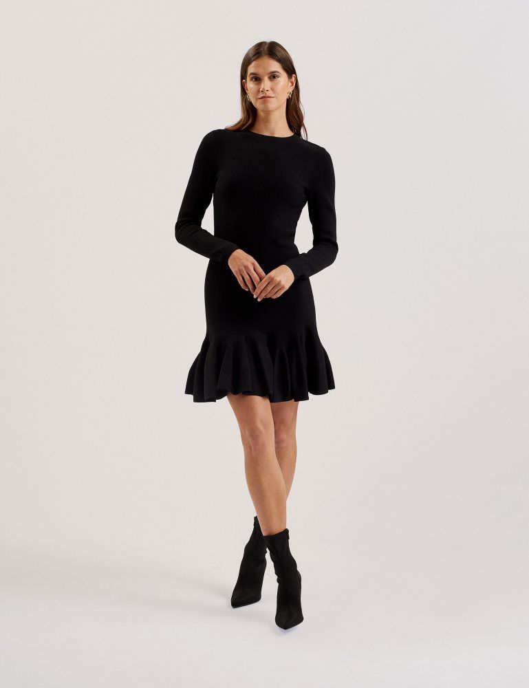 Ted Baker Loisss - Flounce Hem Long Sleeve Knitted Mini Dress Noir | 487195-SOI
