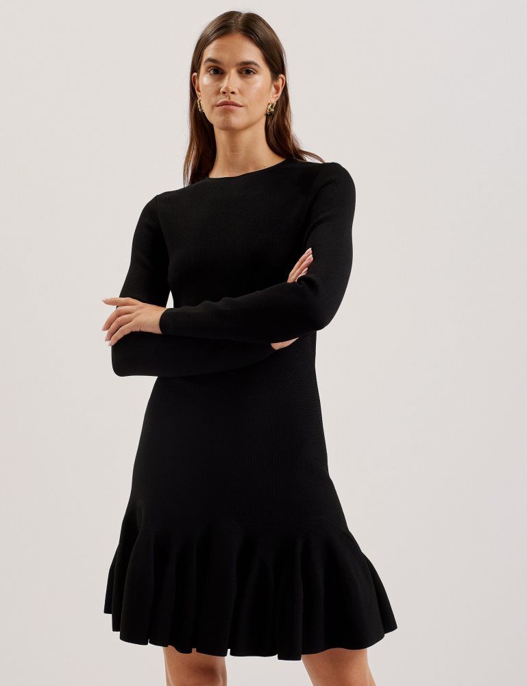Ted Baker Loisss - Flounce Hem Long Sleeve Knitted Mini Dress Noir | 487195-SOI