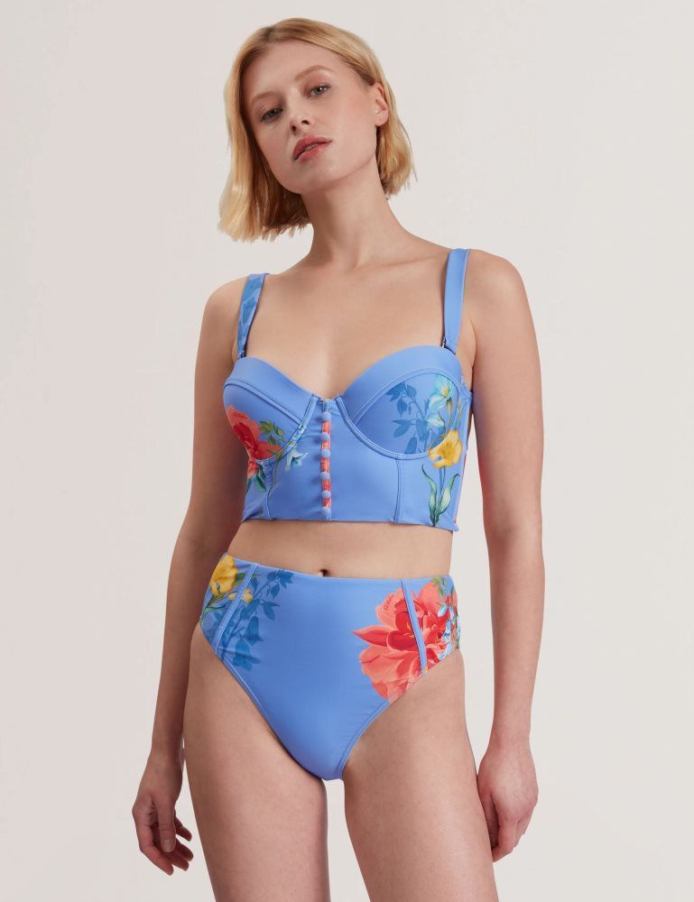 Ted Baker Lorriee - Printed High Waisted Bikini Bottoms Bleu | 618370-GWT